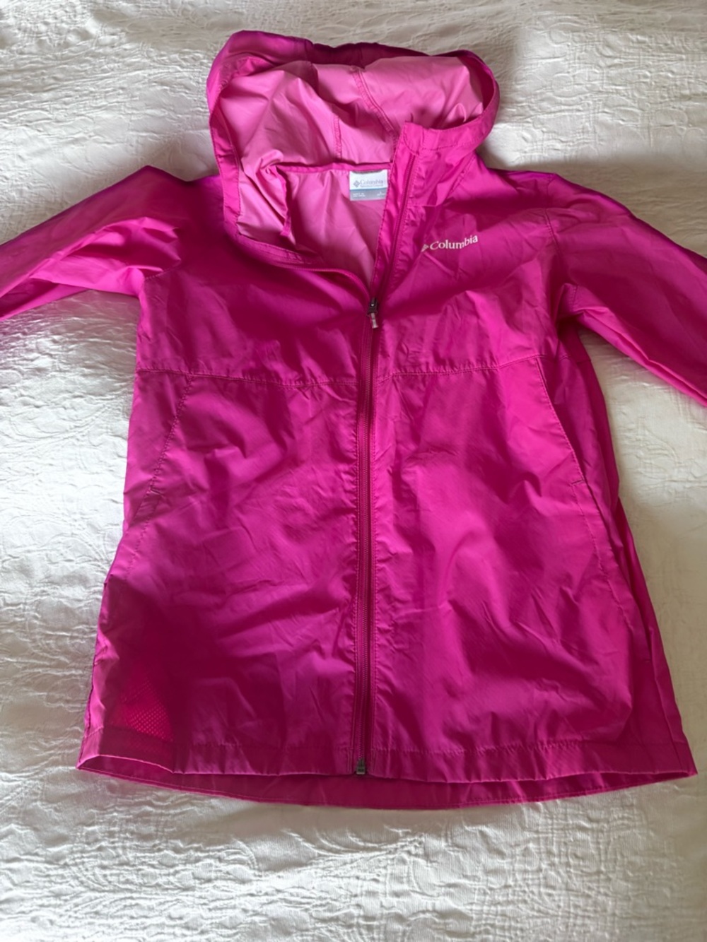 Columbia Bright Pink Hooded Windbreaker Jacket rain girls, size large 11/12